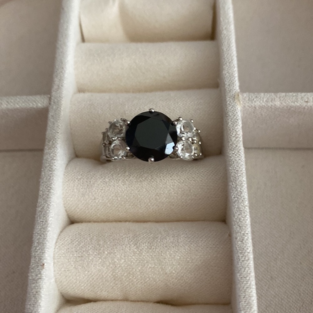 Genuine Black Spinel / White Topaz Ring.